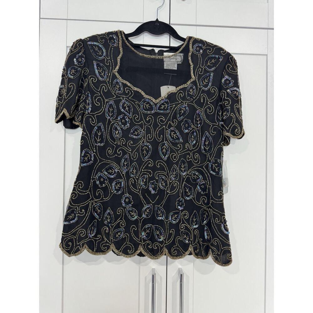 Vtg Papell Boutique Evening Beaded Sequin Floral Blouse Black Gold Blue P M